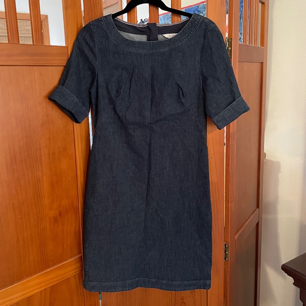 Boden Womens Dress Denim Sheath US6R Short Sleeve Dark Wash Full Zip Knee Length